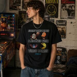Pixels Video Games Graphic T Shirt XL Pac Man Retro Gamer Black Cotton Tee XL
